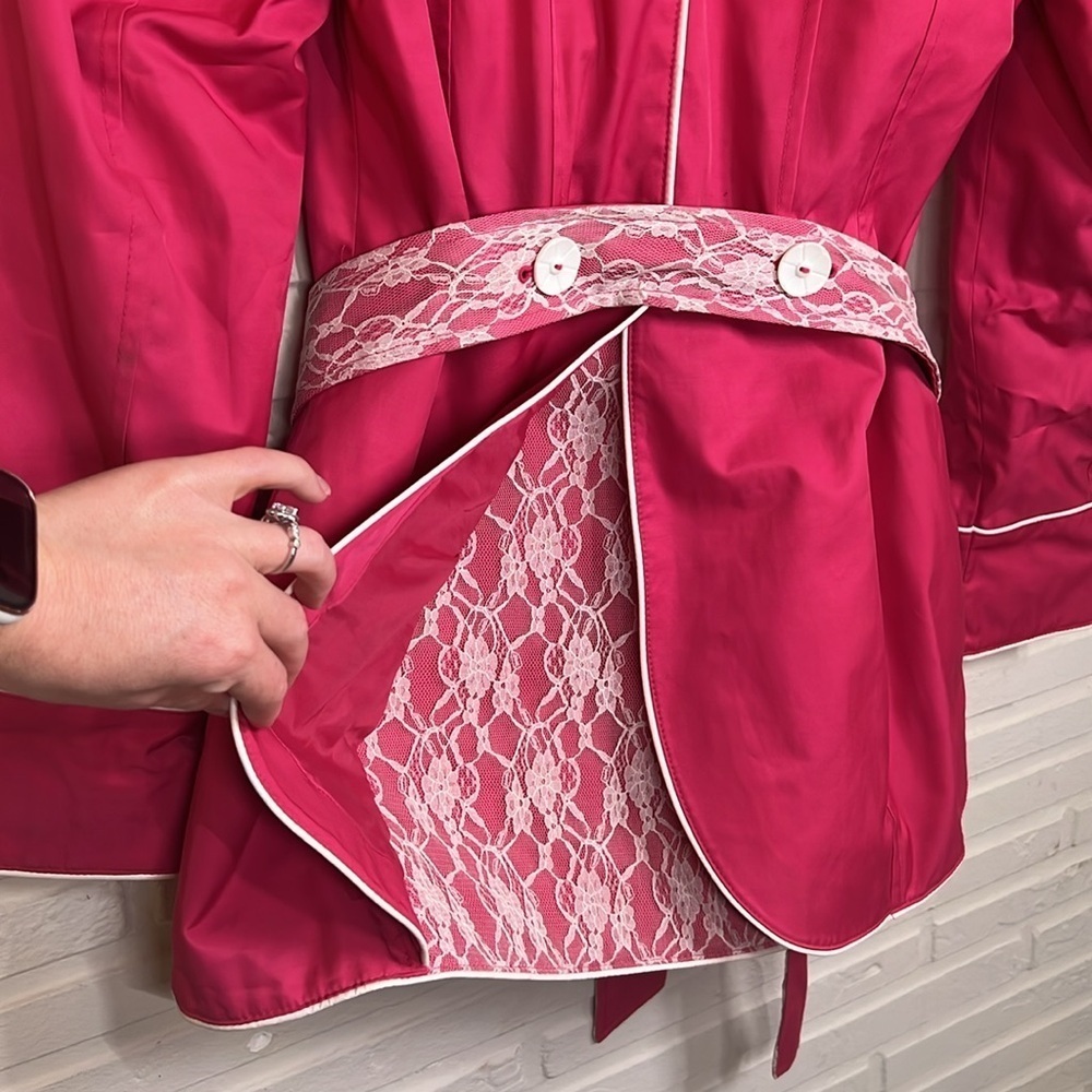 Betsey Johnson Hot Pink Lace Double Breasted Trench Coat, Women’s Size Medium - Picture 6 of 11